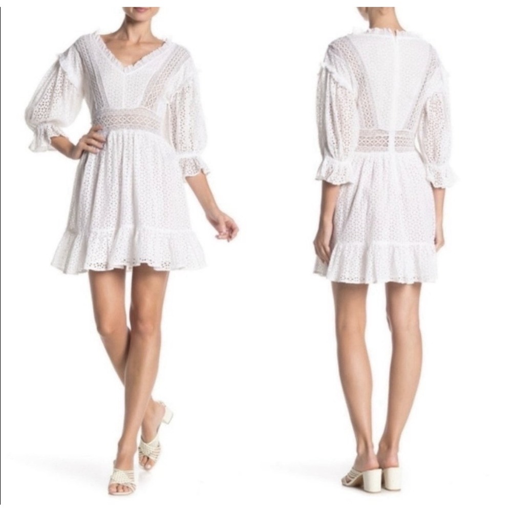 Love Sam White Eyelet Vivienne Embroidery Mini Dress Ruffle Lace Cottage core